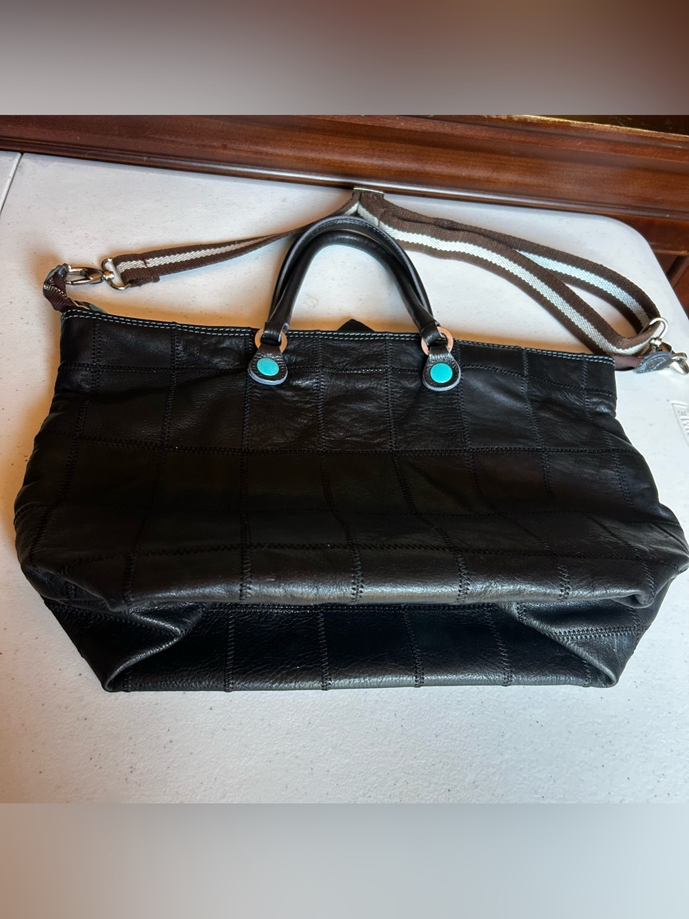Gabs Italian Patchwork Convertible  Leather Tote Bag Zip Top Turquoise Lined